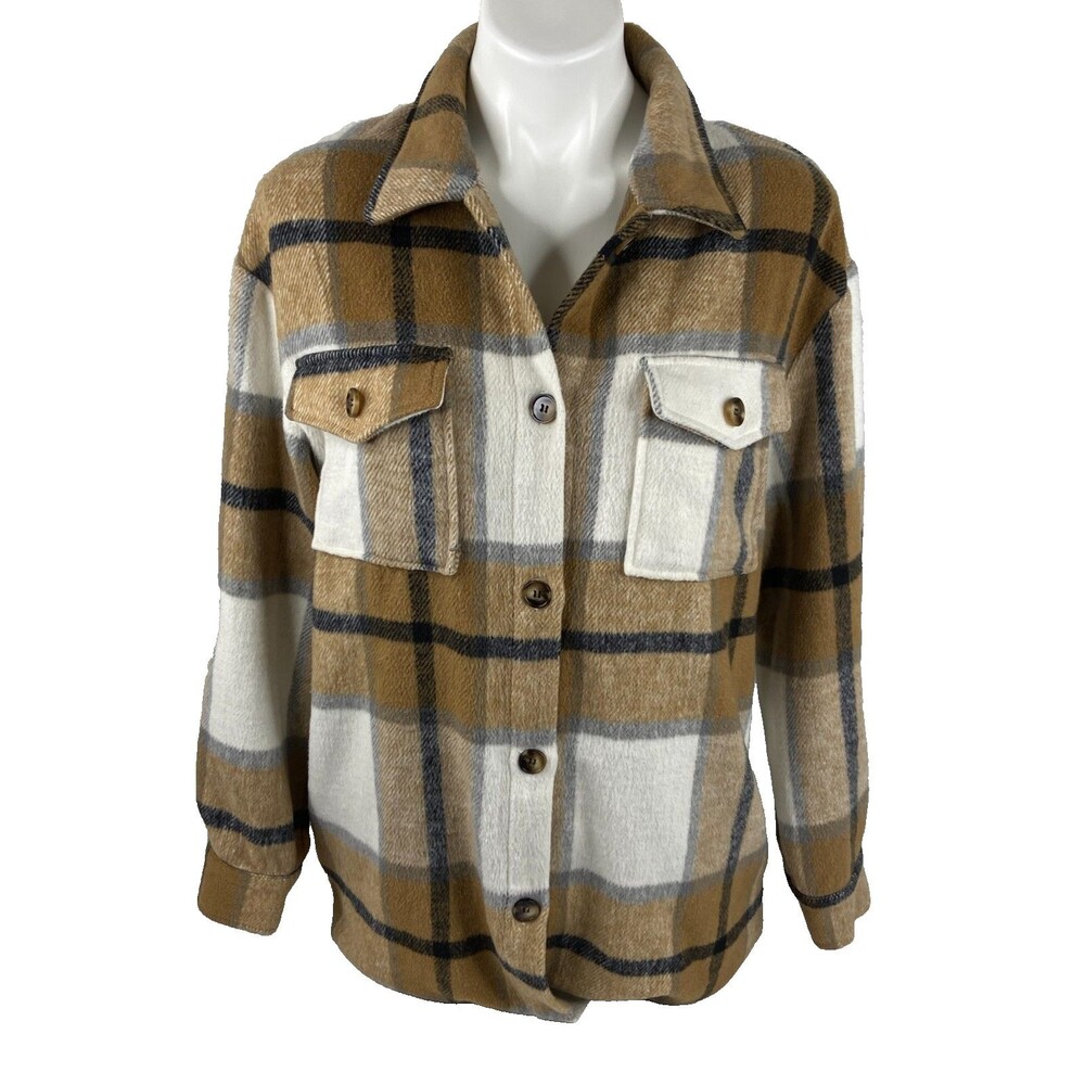 Main Strip Women Medium Oversized Shacket Tan White Plaid Flannel Jacket NWT